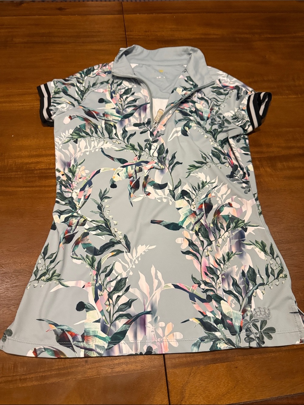 Girls' Floral Zip Polo Top - Light Gray with Green Print
